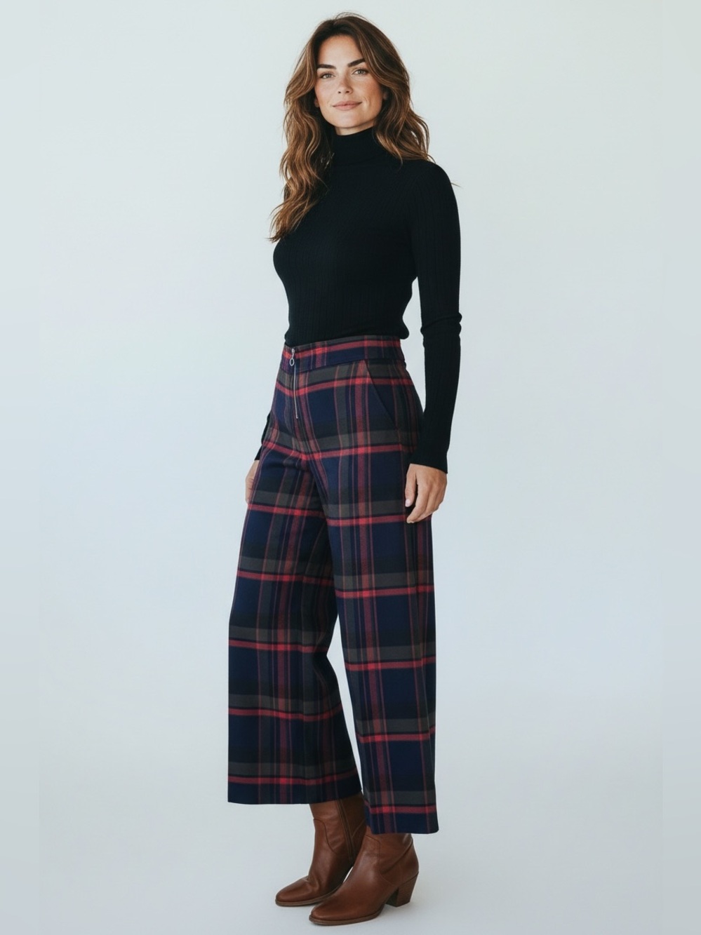 bp Navy and Red Plaid Wide-Leg Trousers